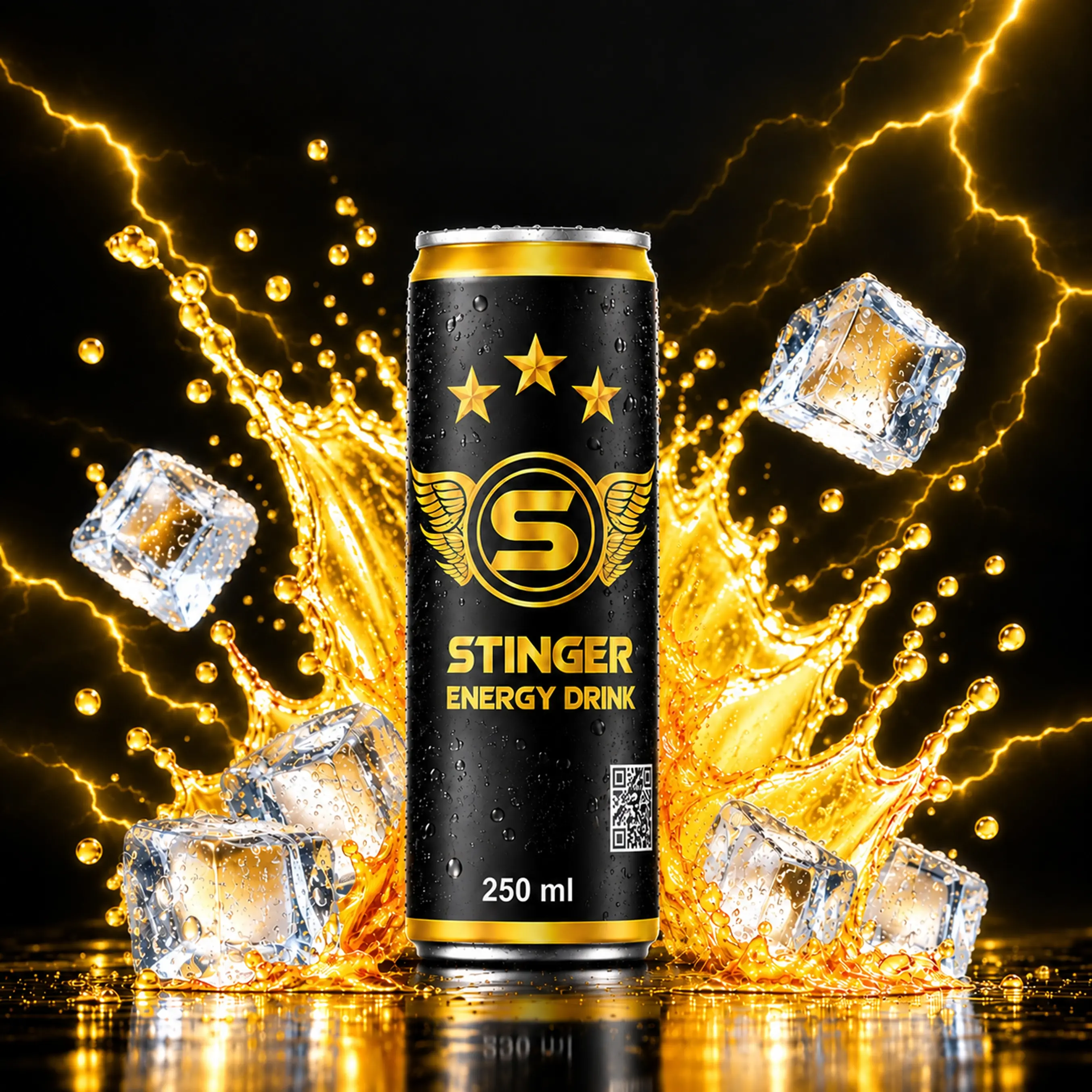 STINGER Energy Drink 250 ml black and gold can with golden splash, ice cubes and electric lightning effects.